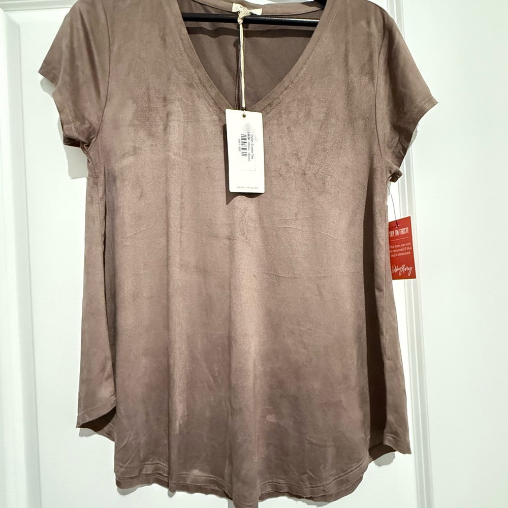 Dylan Short Sleeve V-Neck Suede Top - Tan